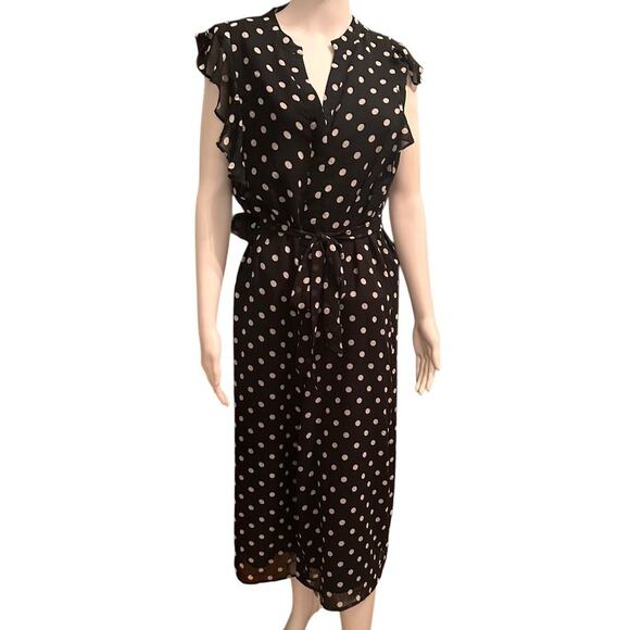 Who What Wear Polka Dot Flowy Belted Flutter Sleeve Midi Dress Sz M Black White - Picture 12 of 14
